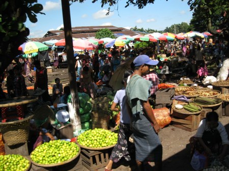 Big market at one of the longer station stops; many passengers hopped off the train and quickly bought some produce before we left again.