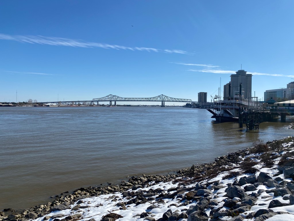 A view of the Mississippi River as seen from its banks in New Orleans, Louisiana.