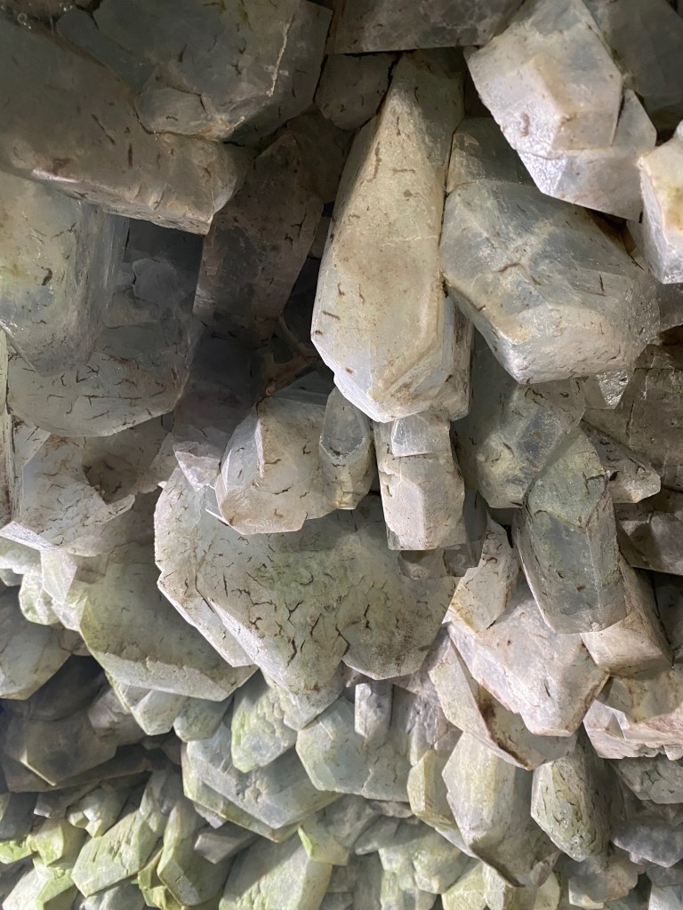 Close-up photo of white geode crystals