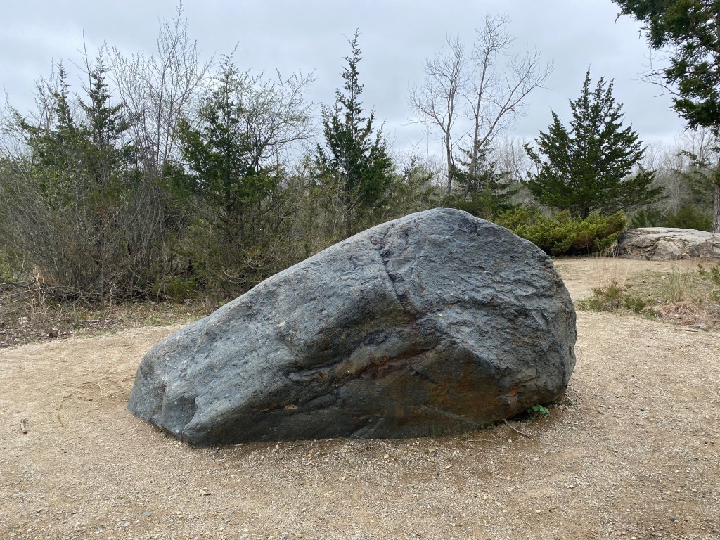A large dark-gray boulder sits in a small clearing, surrounded by trees.