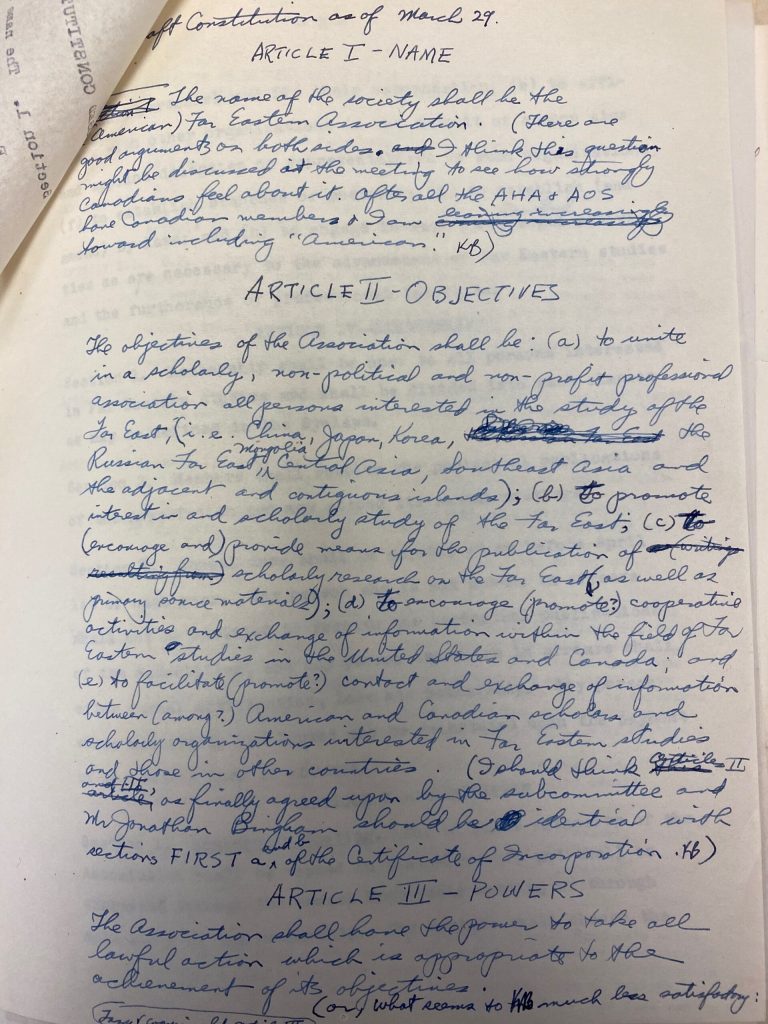 A handwritten copy of the Far Eastern Association's Constitution, dated March 29
